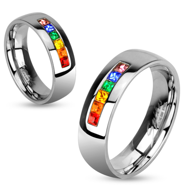 Centered String of Rainbow Color Gems Band Ring Stainless Steel